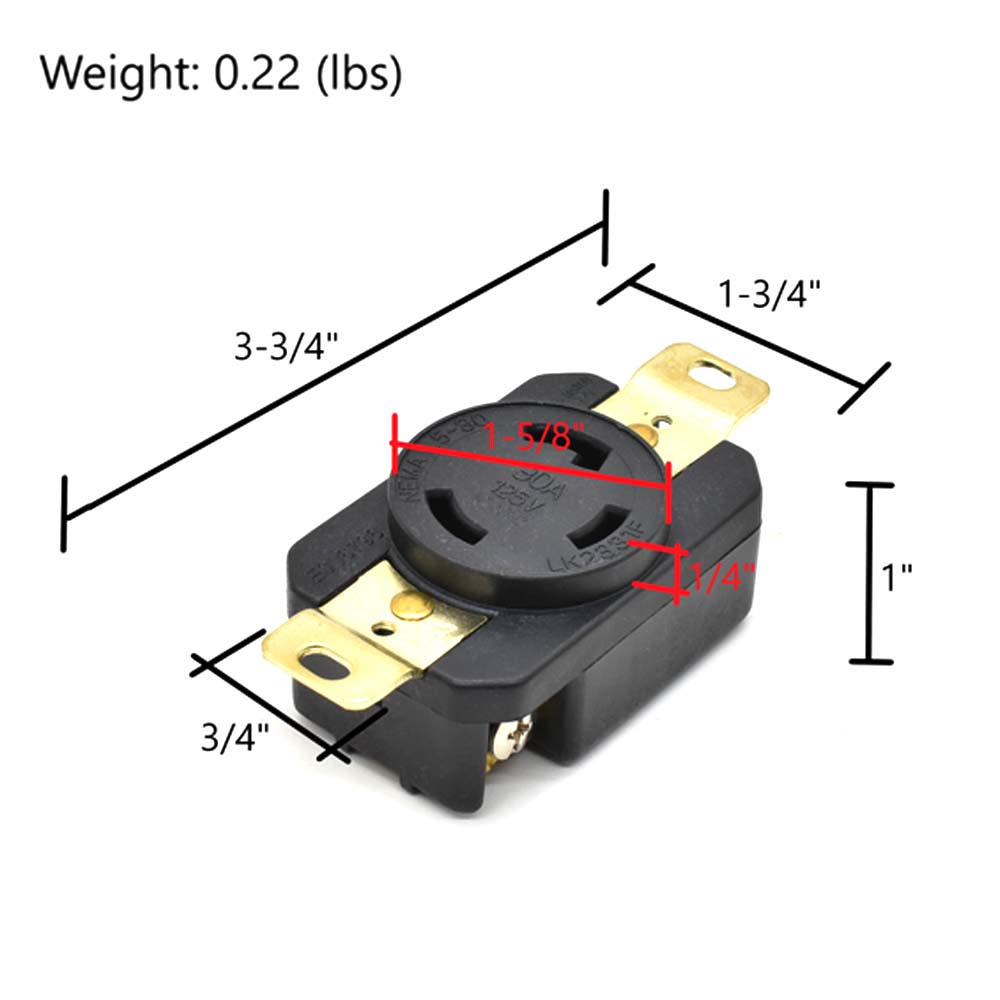 YGP024F Twist Lock Wall Mount Electrical Receptacle 3 Wire, 30 Amps, 125V - Picture 3 of 5